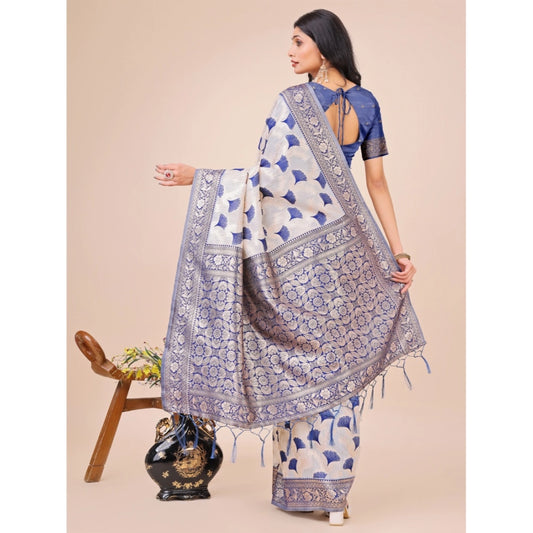 Women's Linen Cotton Printed Saree With Unstitched Blouse 5.5Mtr (Blue)