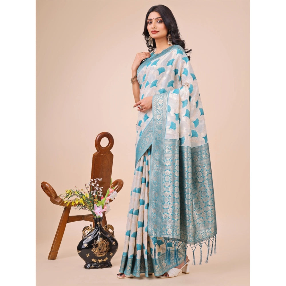 Women's Linen Cotton Printed Saree With Unstitched Blouse 5.5Mtr (Teal)
