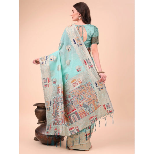 Women's Linen Cotton Printed Saree With Unstitched Blouse 5.5Mtr (Sky Blue)