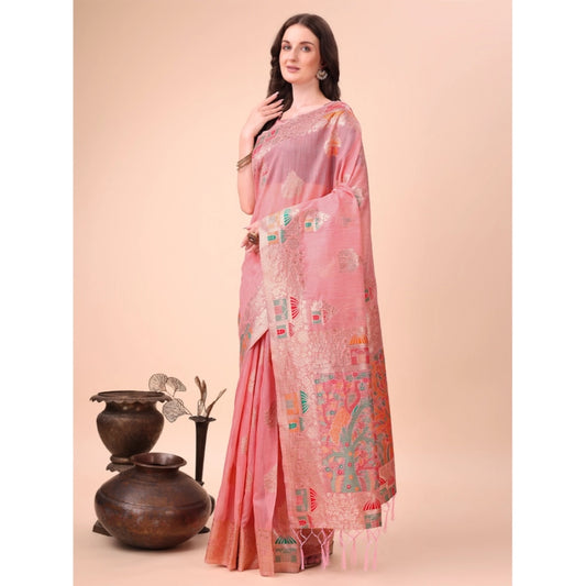 Women's Linen Cotton Printed Saree With Unstitched Blouse 5.5Mtr (Pink)