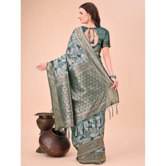 Women's Cotton Printed Saree With Unstitched Blouse 5.5Mtr (Green)