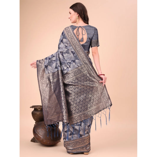 Women's Cotton Printed Saree With Unstitched Blouse 5.5Mtr (Navy Blue)