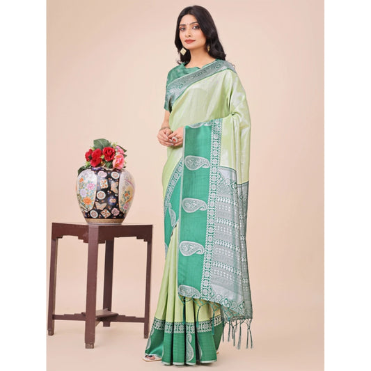 Women's Lichi Silk Printed Saree With Unstitched Blouse 5.5Mtr (Light Green)