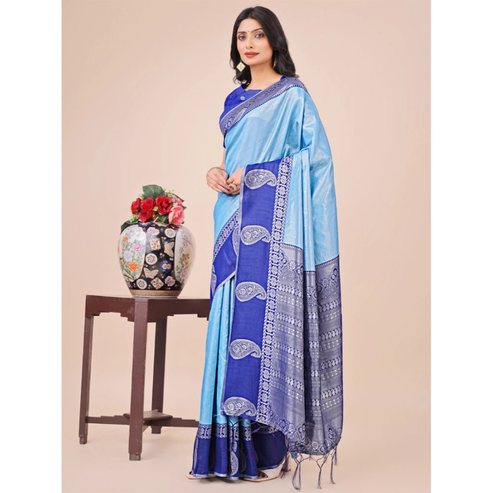 Women's Lichi Silk Printed Saree With Unstitched Blouse 5.5Mtr (Sky Blue)