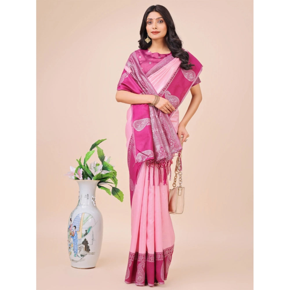 Women's Lichi Silk Printed Saree With Unstitched Blouse 5.5Mtr (Light Pink)