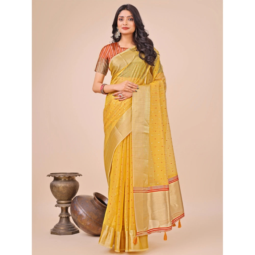 Women's Organza Printed Saree With Unstitched Blouse 5.5Mtr (Yellow)