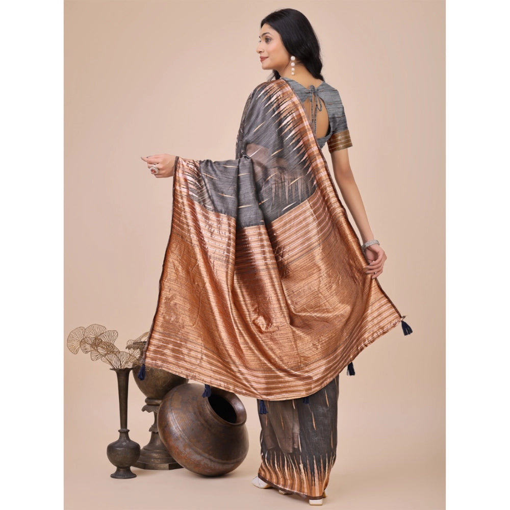 Women's Linen Cotton Printed Saree With Unstitched Blouse 5.5Mtr (Grey)
