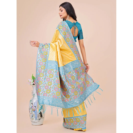 Women's Lichi Silk Printed Saree With Unstitched Blouse 5.5Mtr (Yellow)