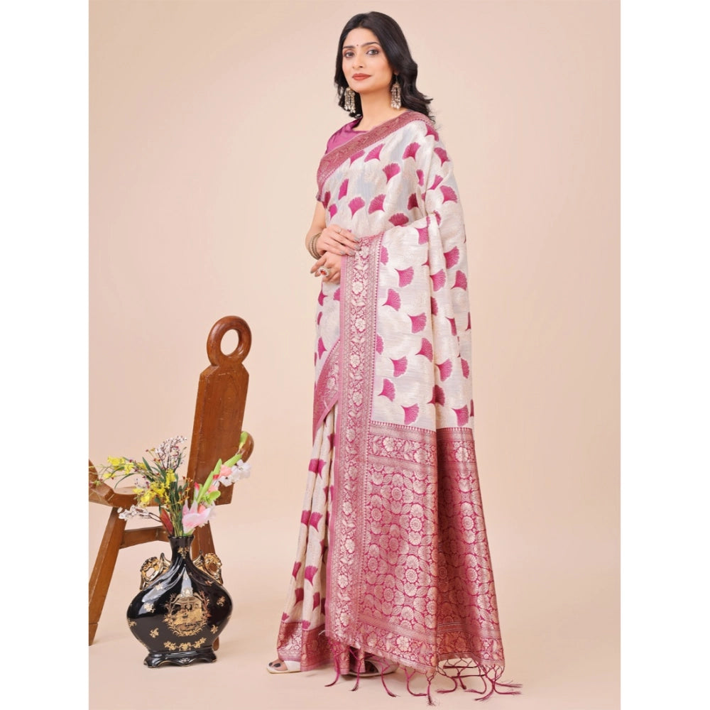 Women's Linen Cotton Printed Saree With Unstitched Blouse 5.5Mtr (Magenta)