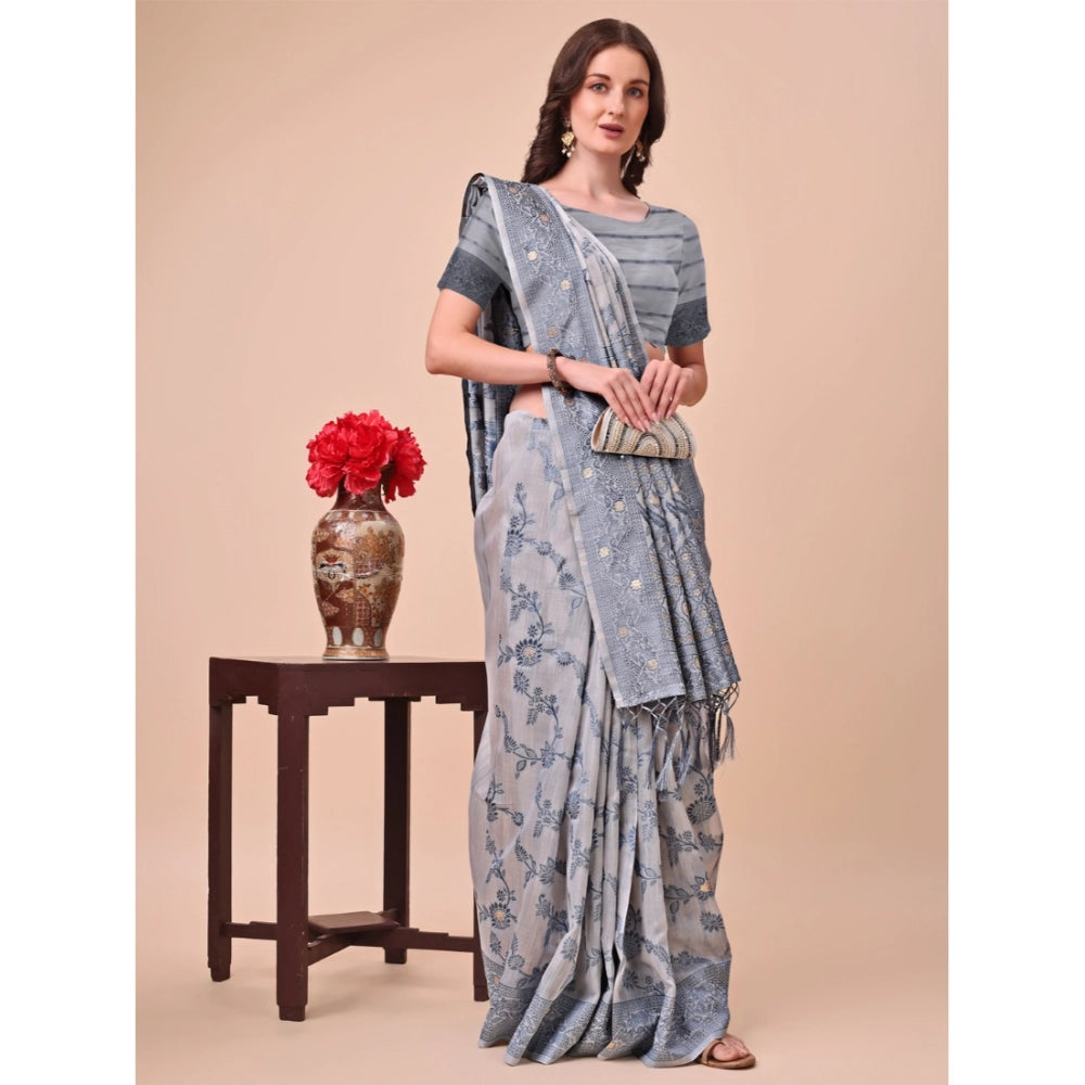 Women's Cotton Printed Saree With Unstitched Blouse 5.5Mtr (Grey)