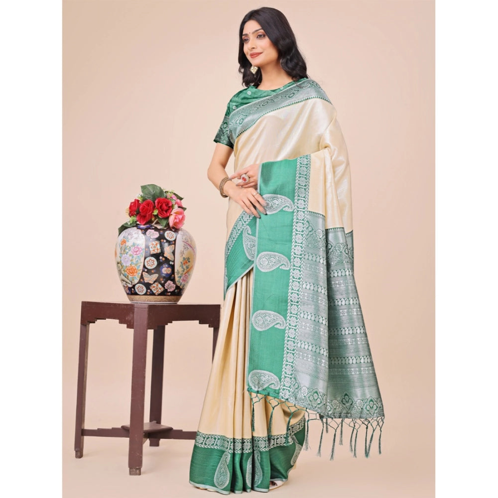 Women's Lichi Silk Printed Saree With Unstitched Blouse 5.5Mtr (Cream)