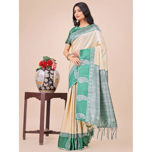 Women's Lichi Silk Printed Saree With Unstitched Blouse 5.5Mtr (Cream)
