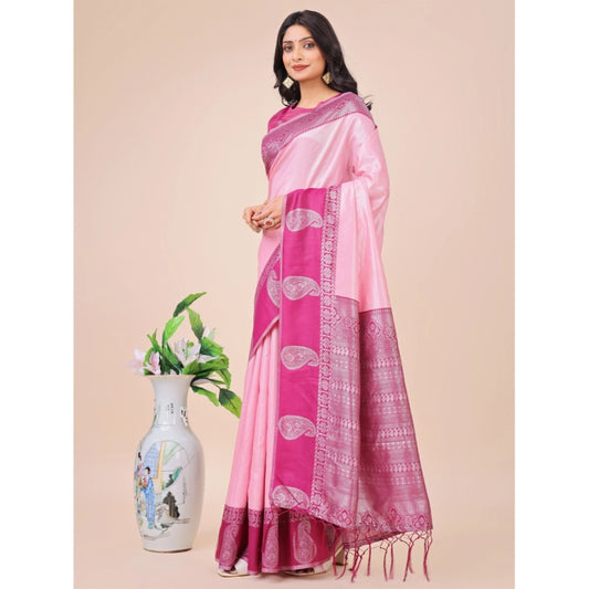 Women's Lichi Silk Printed Saree With Unstitched Blouse 5.5Mtr (Light Pink)