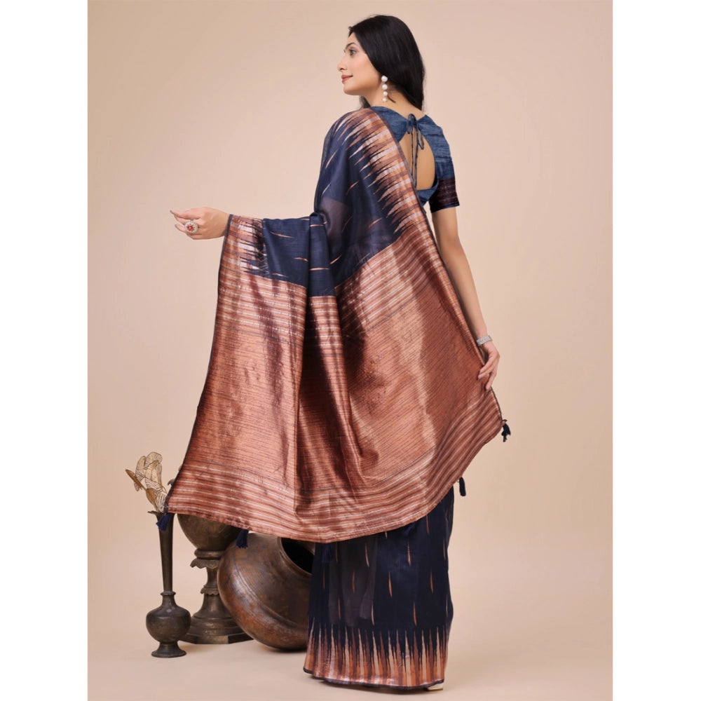 Women's Linen Cotton Printed Saree With Unstitched Blouse 5.5Mtr (Navy Blue)
