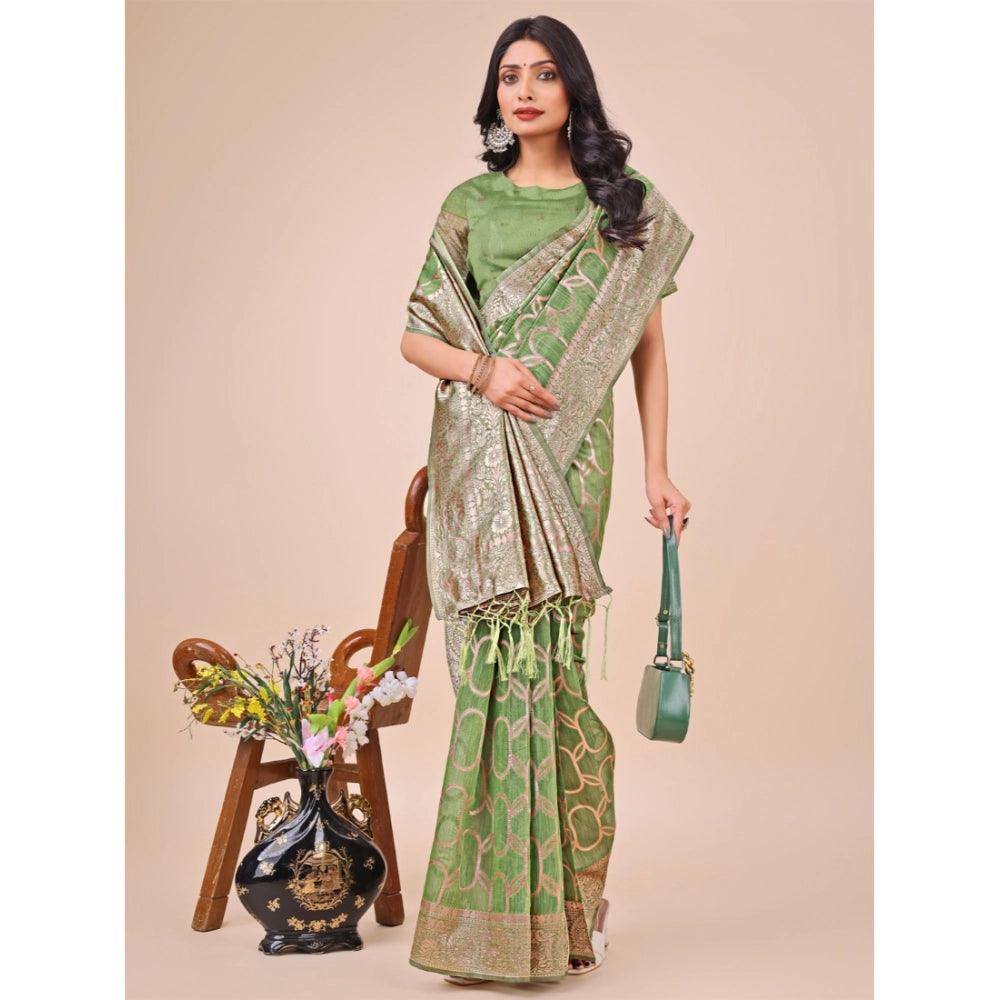 Women's Linen Cotton Printed Saree With Unstitched Blouse 5.5Mtr (Green)