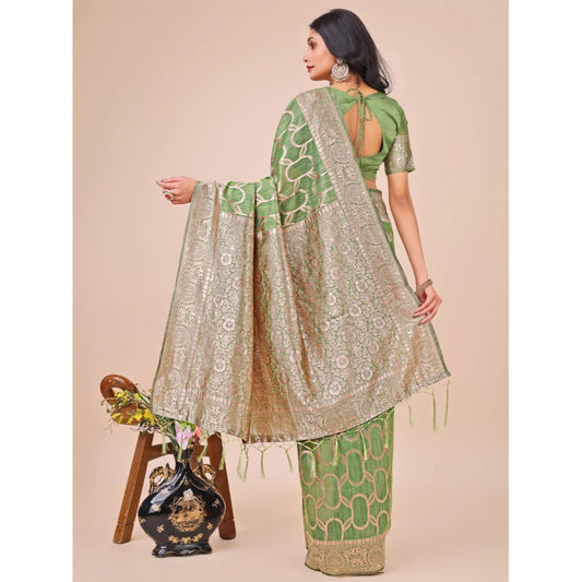 Women's Linen Cotton Printed Saree With Unstitched Blouse 5.5Mtr (Green)