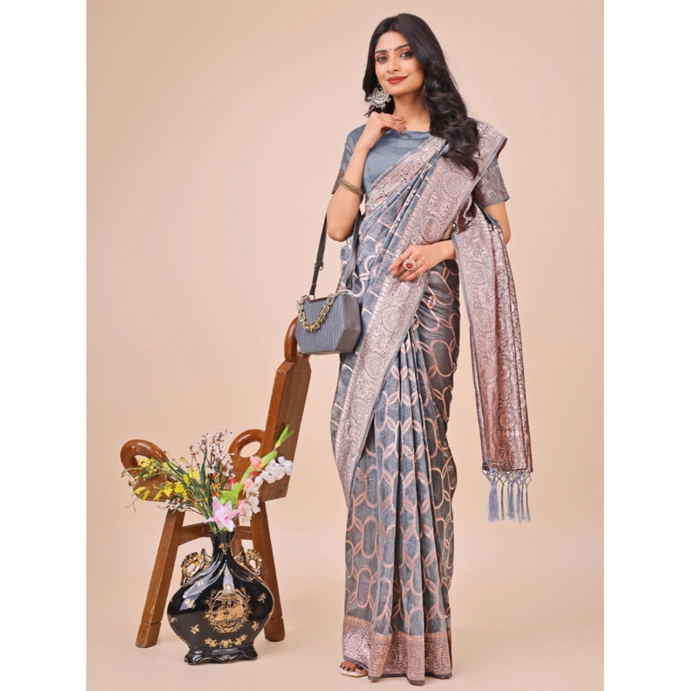 Women's Linen Cotton Printed Saree With Unstitched Blouse 5.5Mtr (Grey)
