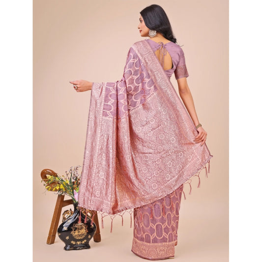 Women's Linen Cotton Printed Saree With Unstitched Blouse 5.5Mtr (Purple)