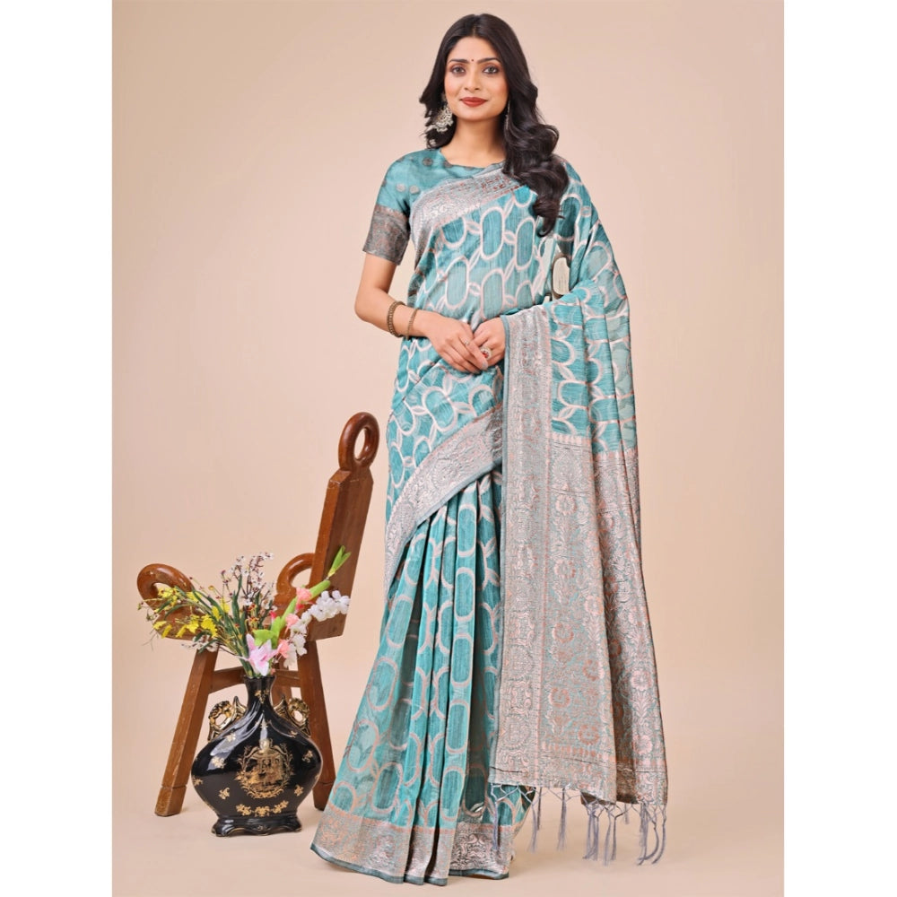 Women's Linen Cotton Printed Saree With Unstitched Blouse 5.5Mtr (Teal)