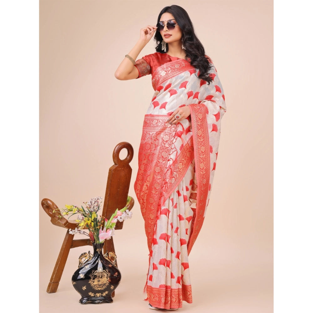 Women's Linen Cotton Printed Saree With Unstitched Blouse 5.5Mtr (Red)