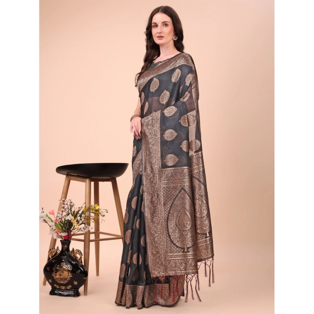 Women's Cotton Printed Saree With Unstitched Blouse 5.5Mtr (Black)
