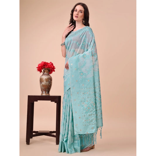 Women's Cotton Printed Saree With Unstitched Blouse 5.5Mtr (Sky Blue)