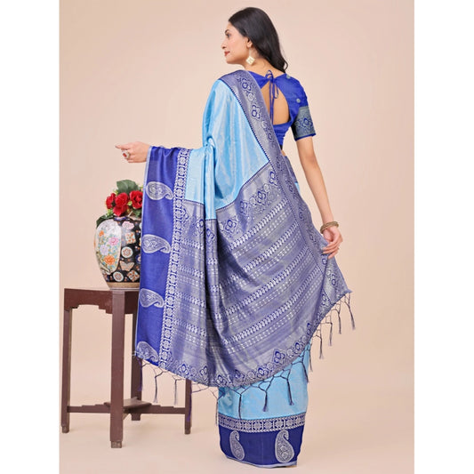 Women's Lichi Silk Printed Saree With Unstitched Blouse 5.5Mtr (Sky Blue)