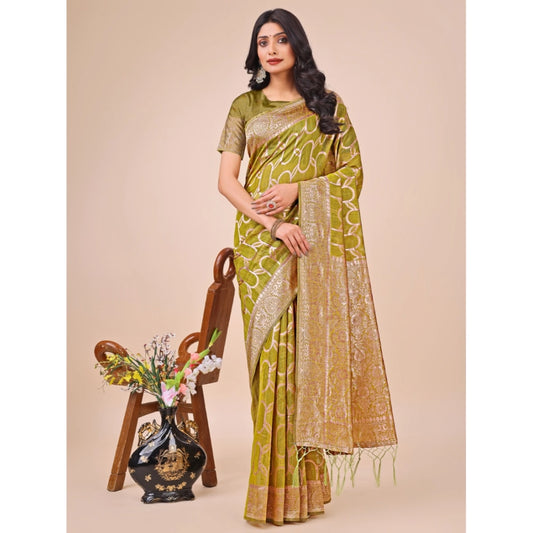 Women's Linen Cotton Printed Saree With Unstitched Blouse 5.5Mtr (Olive Green)