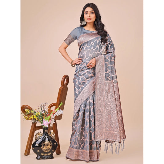 Women's Linen Cotton Printed Saree With Unstitched Blouse 5.5Mtr (Grey)