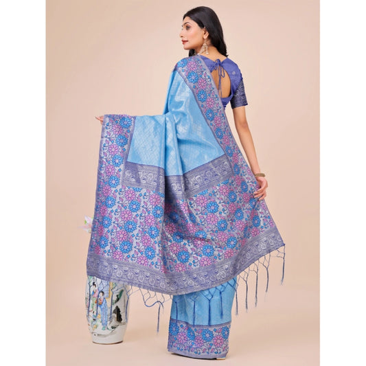 Women's Lichi Silk Printed Saree With Unstitched Blouse 5.5Mtr (Sky Blue)
