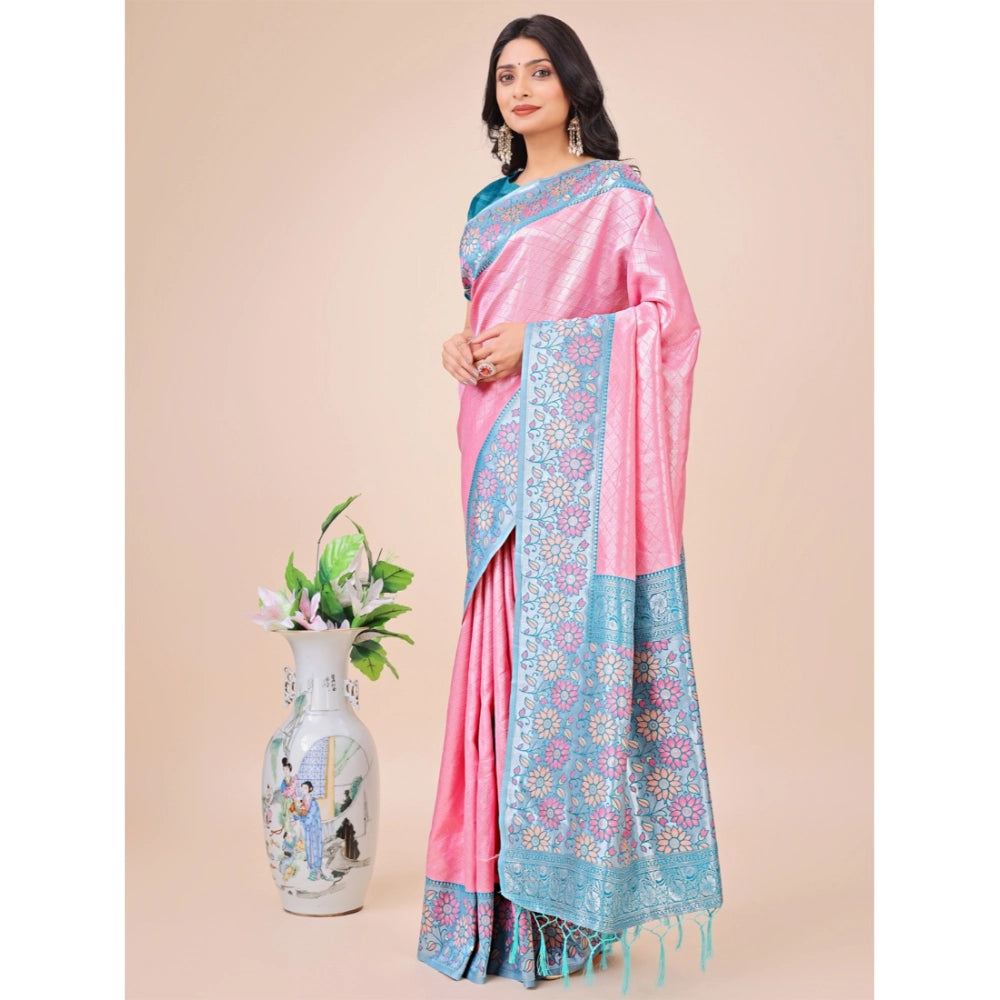 Women's Lichi Silk Printed Saree With Unstitched Blouse 5.5Mtr (Pink)
