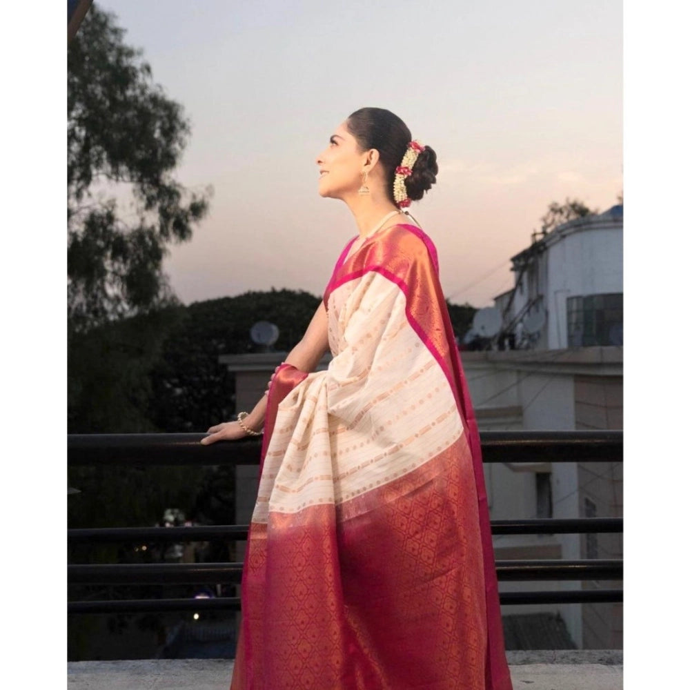 Women's Silk Printed Saree With Unstitched Blouse 5.5Mtr (White-Pink)