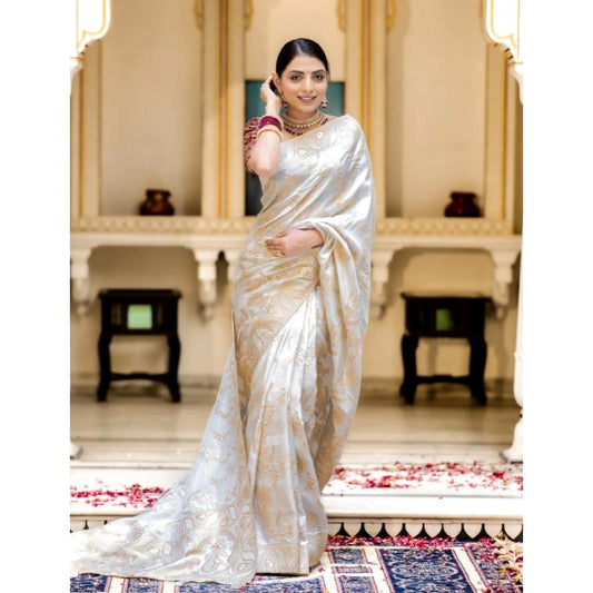 Women's Silk Printed Saree With Unstitched Blouse 5.5Mtr (White)