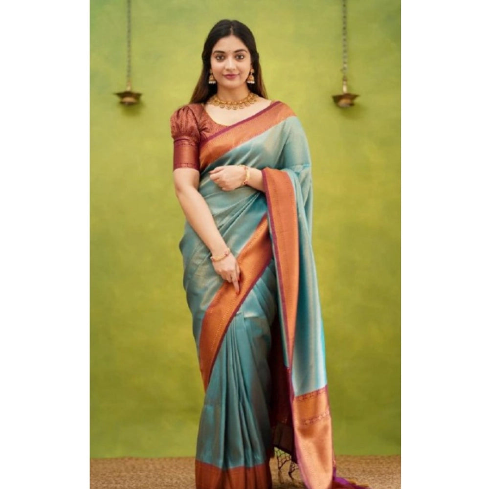 Women's Silk Printed Saree With Unstitched Blouse 5.5Mtr (Rama)