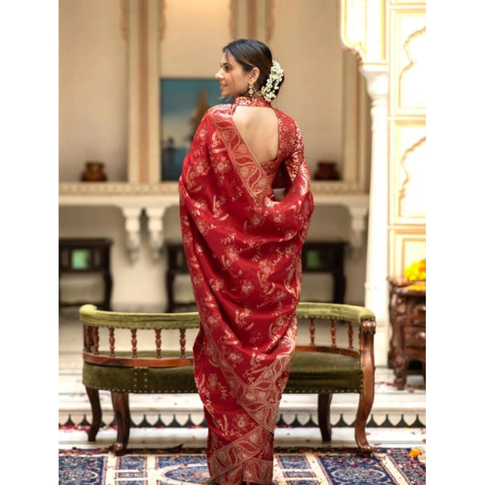 Women's Silk Printed Saree With Unstitched Blouse 5.5Mtr (Red)