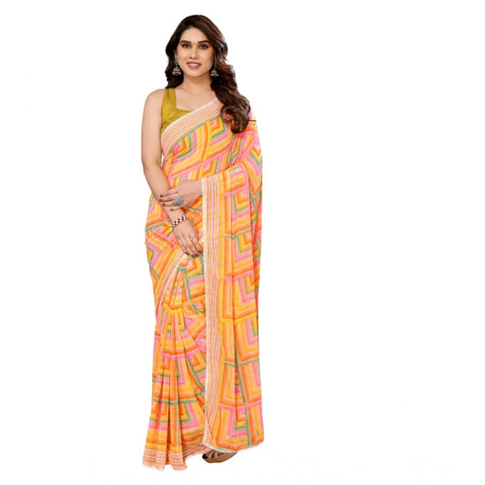 Women's Small Lace Georgette Printed Ready-to-Wear Saree With Unstitched Blouse 5.5 Mtr (Yellow)
