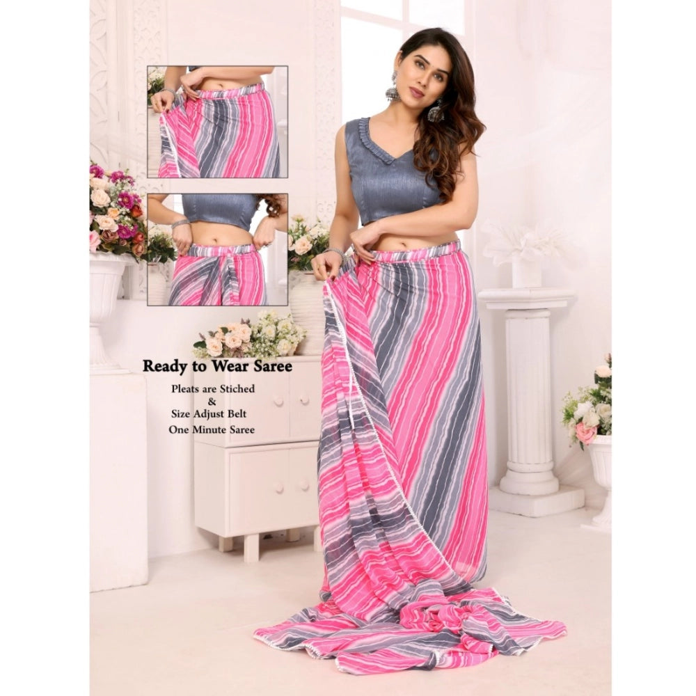 Women's Small Lace Georgette Striped Ready-to-Wear Saree With Unstitched Blouse 5.5 Mtr (Grey)
