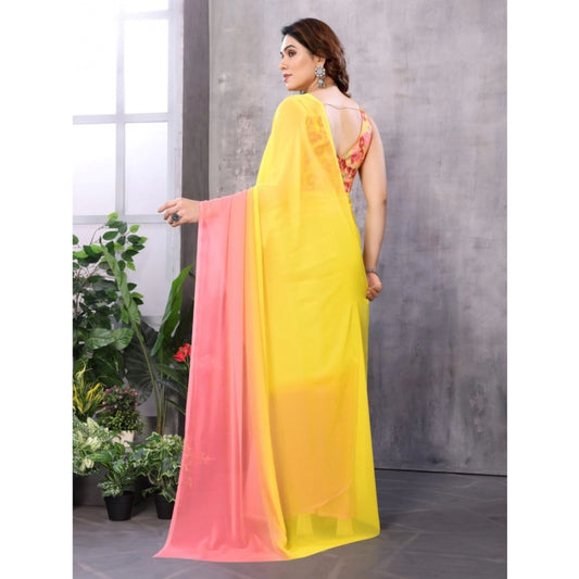 Women's Small Lace Georgette Solid Ready-to-Wear Saree With Unstitched Blouse 5.5 Mtr (Pink-Yellow)