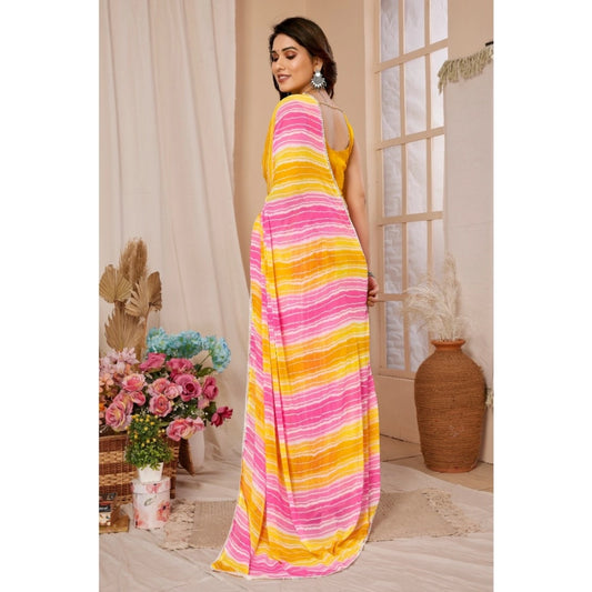 Women's Small Lace Georgette Striped Ready-to-Wear Saree With Unstitched Blouse 5.5 Mtr (Yellow-Pink)