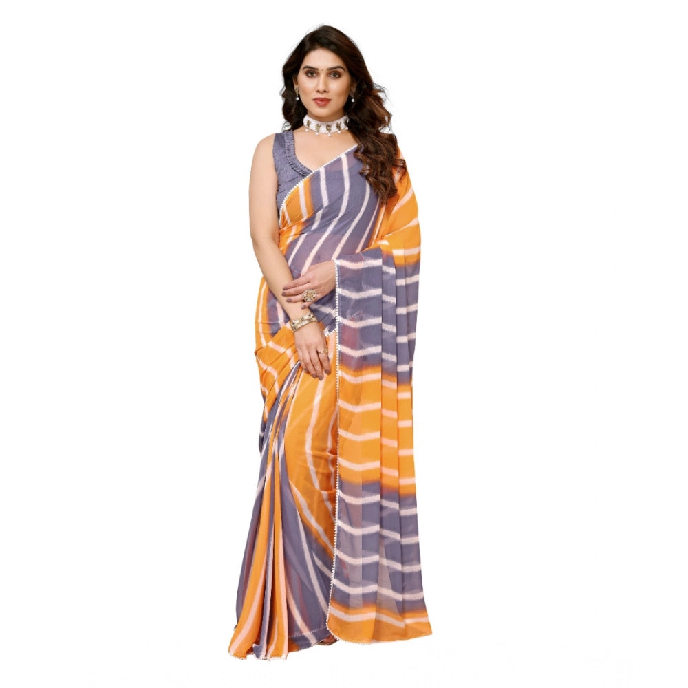 Women's Small Lace Georgette Striped Ready-to-Wear Saree With Unstitched Blouse 5.5 Mtr (Orange-Grey)