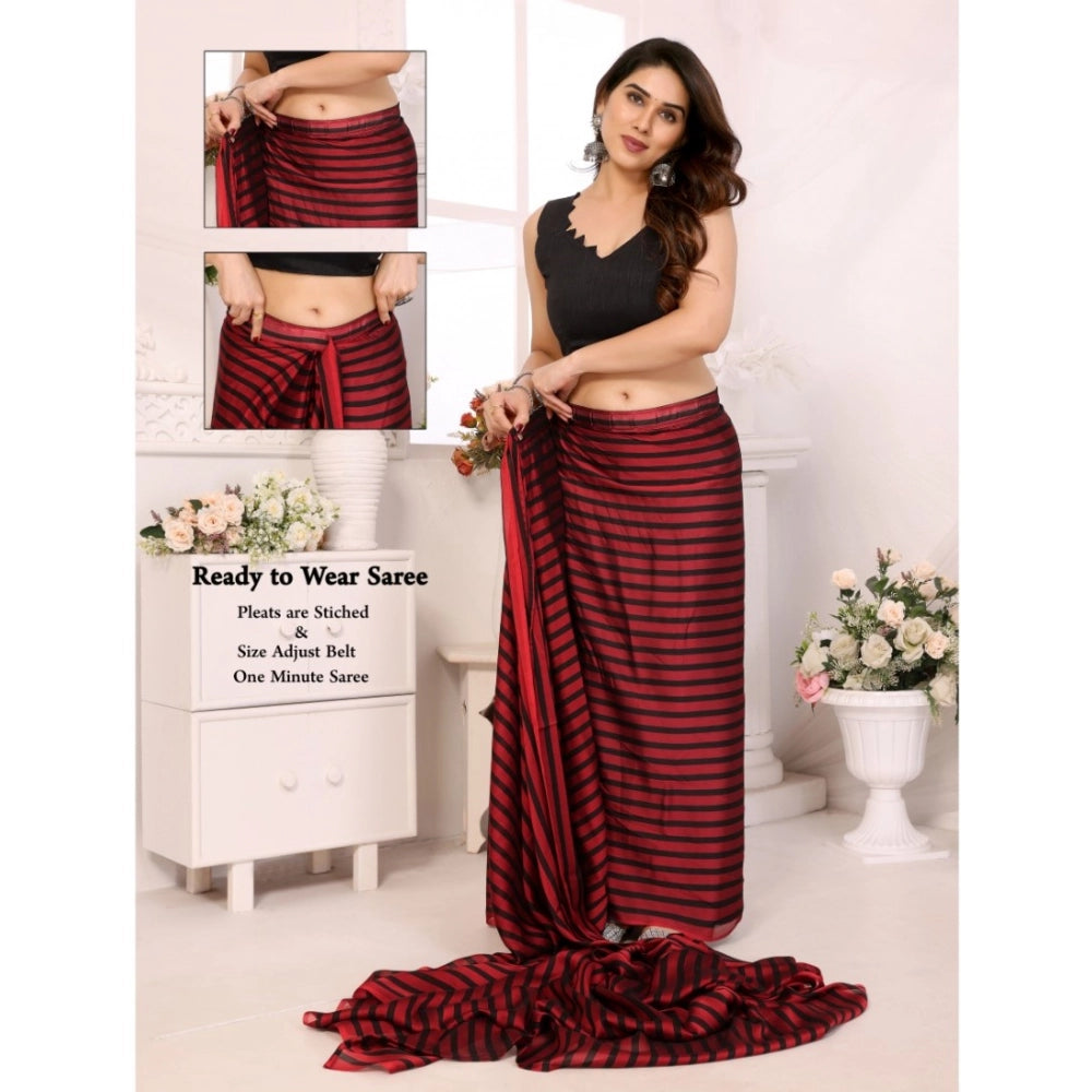 Women's  Black Berry Striped Ready-to-Wear Saree With Unstitched Blouse 5.5 Mtr (Red-Black)
