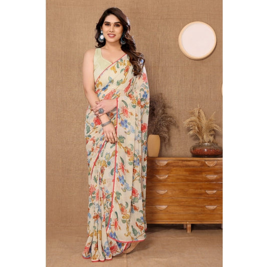 Women's Small Lace Georgette Printed Ready-to-Wear Saree With Unstitched Blouse 5.5 Mtr (Off White)