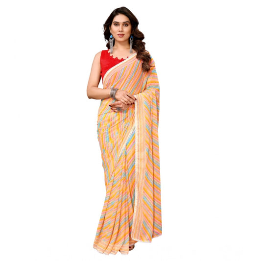 Women's Small Lace Georgette Striped Ready-to-Wear Saree With Unstitched Blouse 5.5 Mtr (Yellow)