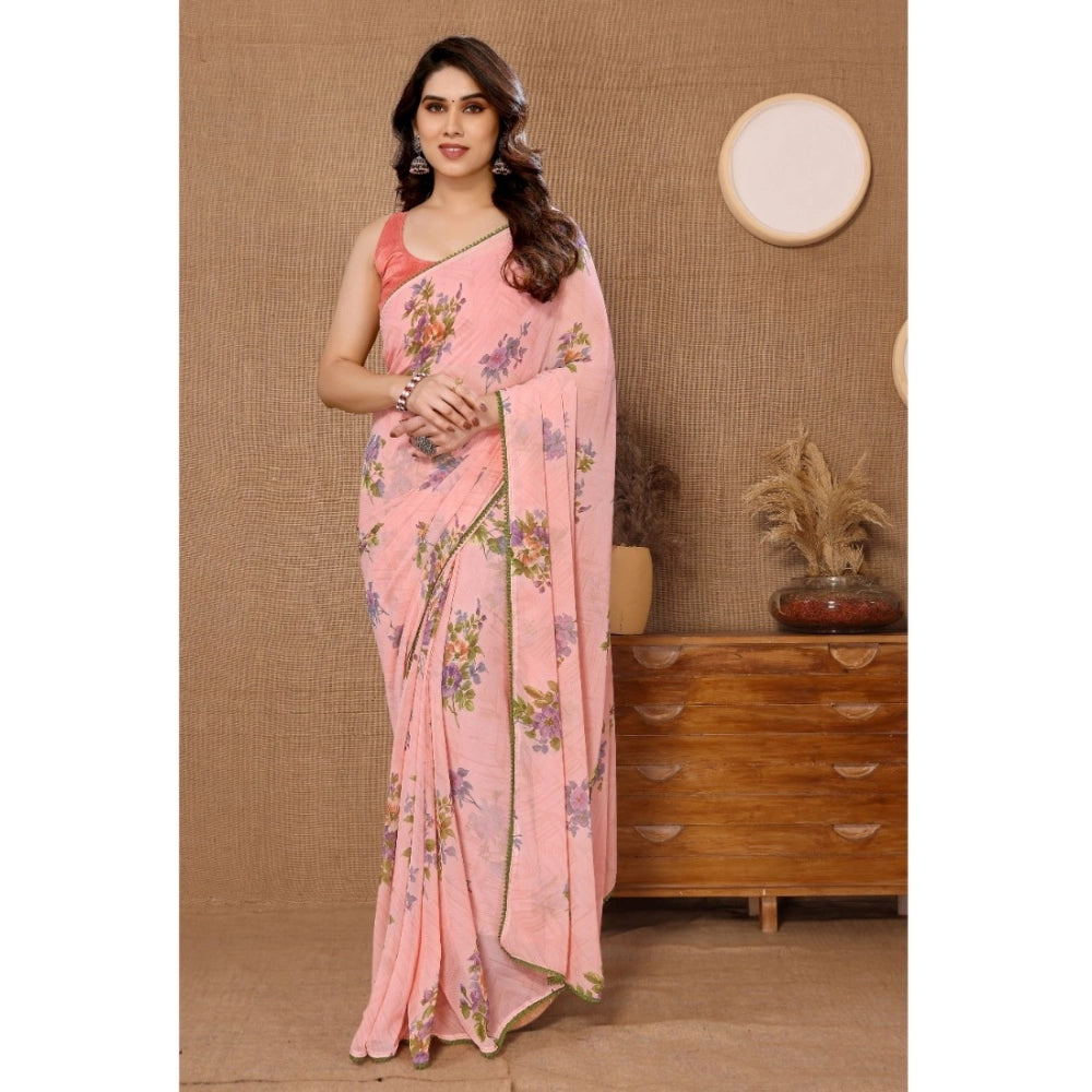 Women's Small Lace Georgette Printed Ready-to-Wear Saree With Unstitched Blouse 5.5 Mtr (Peach)