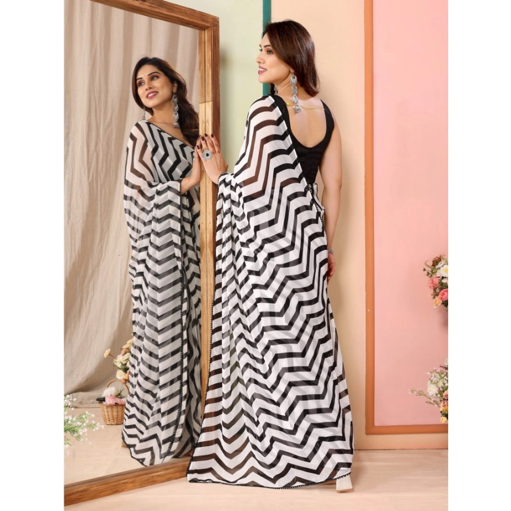 Women's Small Lace Georgette Striped Ready-to-Wear Saree With Unstitched Blouse 5.5 Mtr (Black)