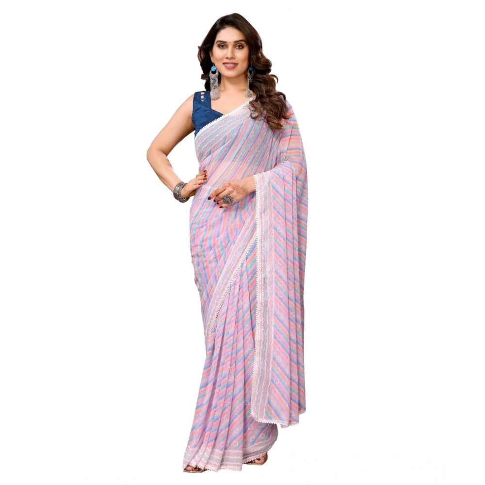 Women's Small Lace Georgette Striped Ready-to-Wear Saree With Unstitched Blouse 5.5 Mtr (Purple)