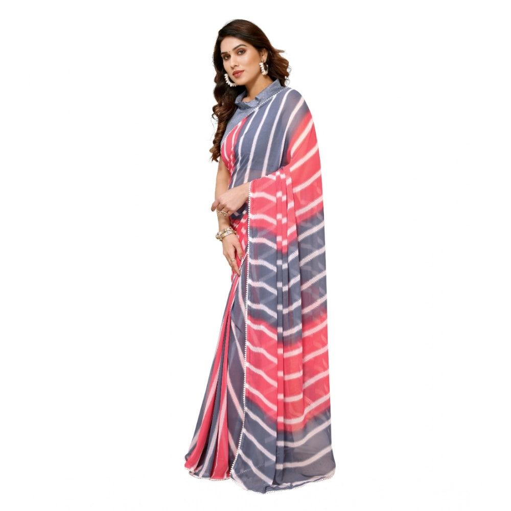 Women's Small Lace Georgette Striped Ready-to-Wear Saree With Unstitched Blouse 5.5 Mtr (Pink)