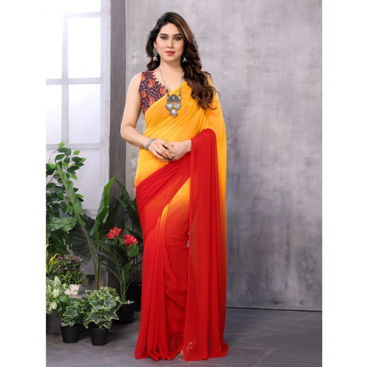 Women's Small Lace Georgette Solid Ready-to-Wear Saree With Unstitched Blouse 5.5 Mtr (Red-Orange)