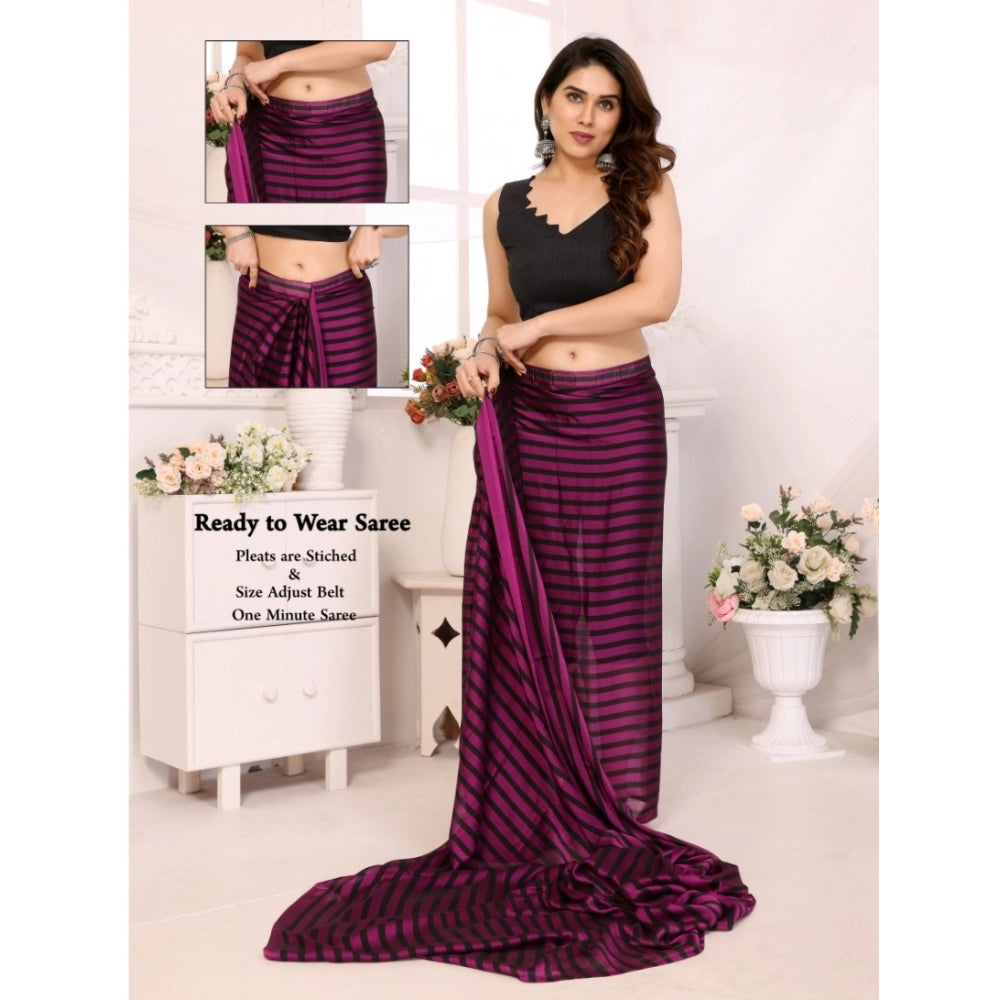 Women's  Black Berry Striped Ready-to-Wear Saree With Unstitched Blouse 5.5 Mtr (Purple-Black)