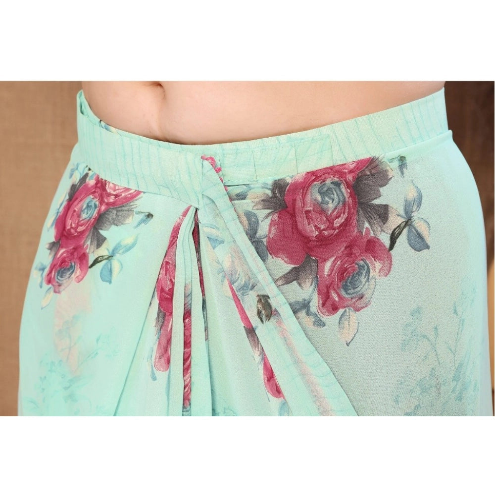 Women's Small Lace Georgette Printed Ready-to-Wear Saree With Unstitched Blouse 5.5 Mtr (Turquoise)